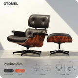 Mid-Century Modern Lounge Chair & Ottoman — Black Top-Grain Leather, Rosewood Base, Extended Chaise