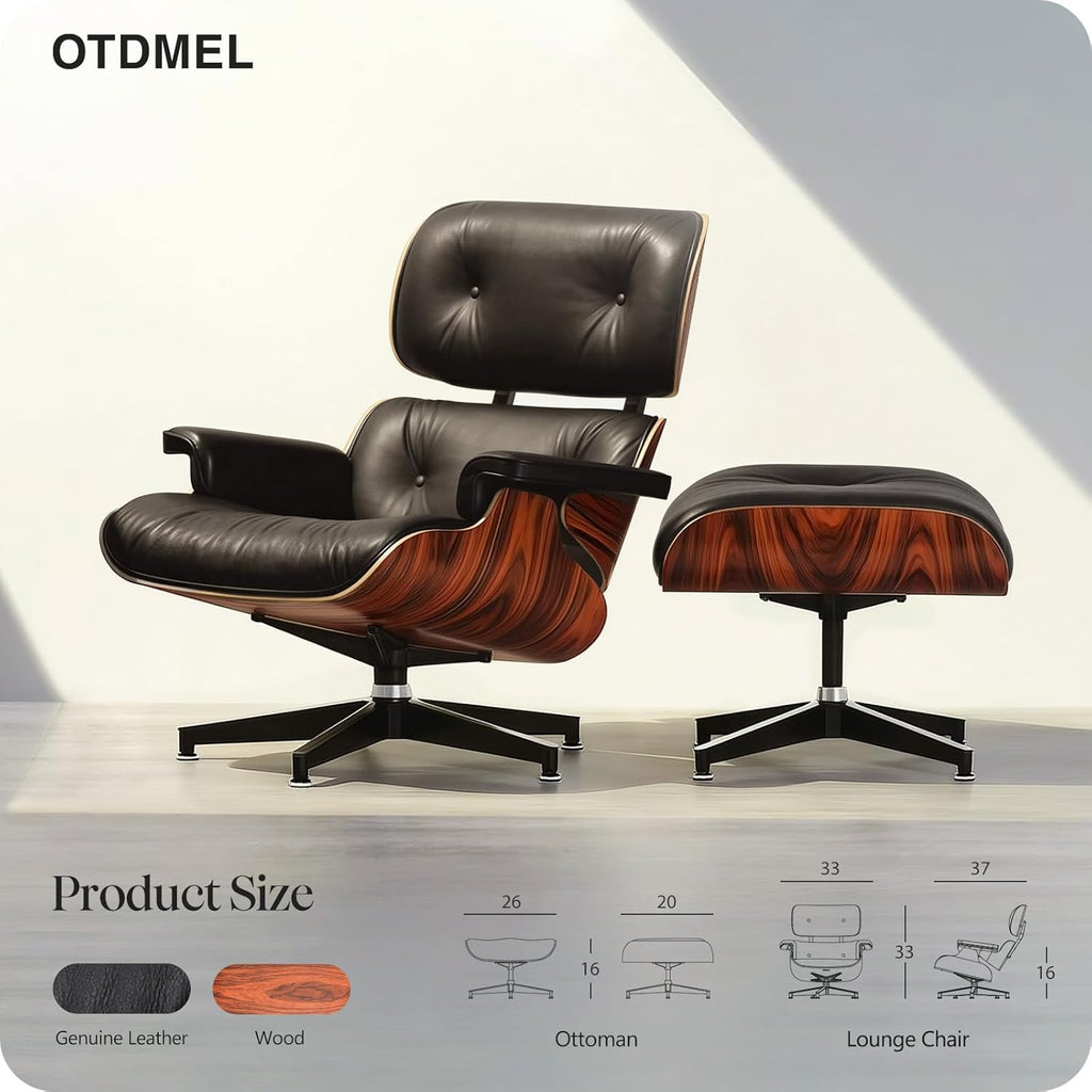 Mid-Century Modern Lounge Chair & Ottoman — Premium Top-Grain Leather, Rosewood Base, Extended Chaise