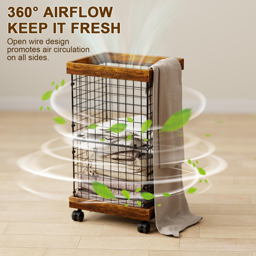 Basket with Wheels, Rolling Hamper Wooden Wire Laundry Bin