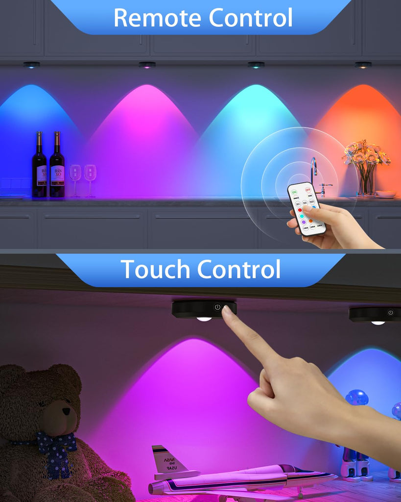 Rechargeable RGB Puck Lights with Remote,Wireless LED Tap Lights