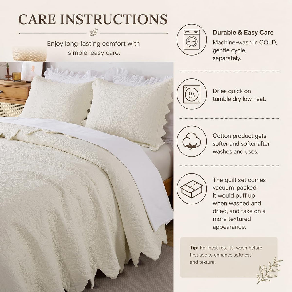 Cotton Quilt Set Scalloped Stitching Matelasse Coverlet 3PC