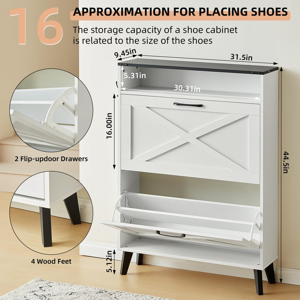 Narrow Shoe Cabinet with 2 Flip Drawers, White