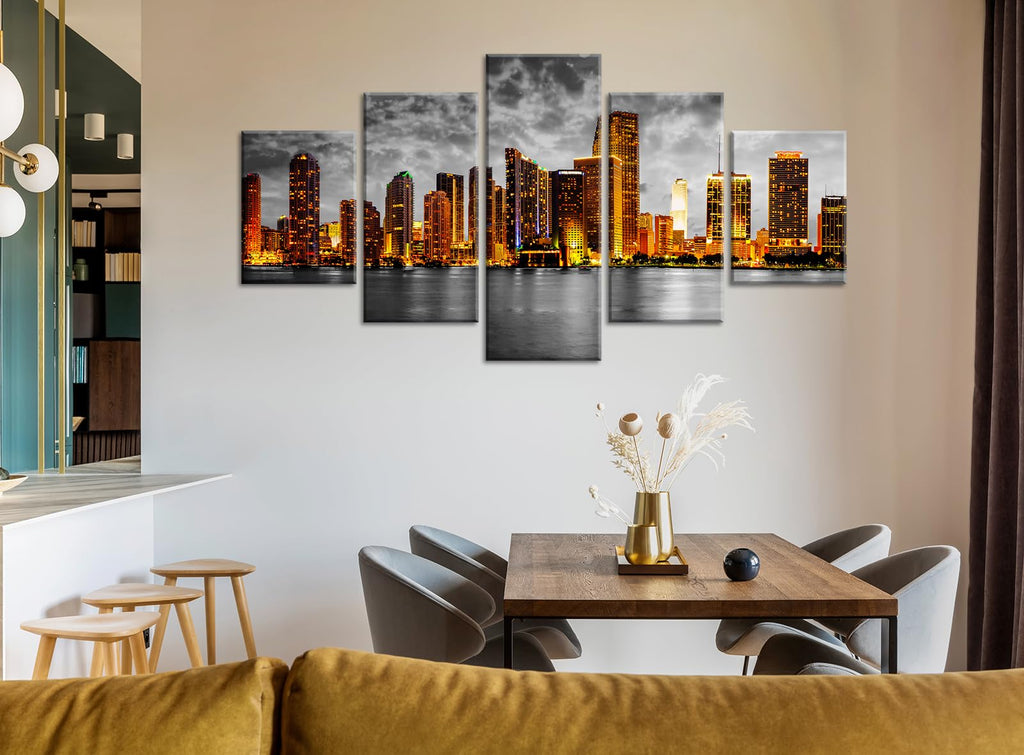 Miami Skyline Wall Black and White Panoramic City Night Canvas Prints
