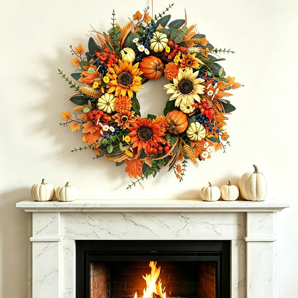 Fall Wreaths for Front Door 24", Fall Door Wreath with Sunflowers, Pumpkins