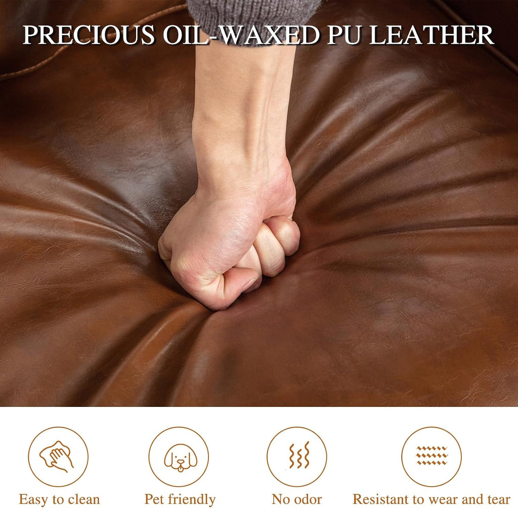 360 Degree Swivel Barrel Chair with Plump Back Pillow, Waterproof Oil Waxed PU Leather Swivel Armchair with Rivets