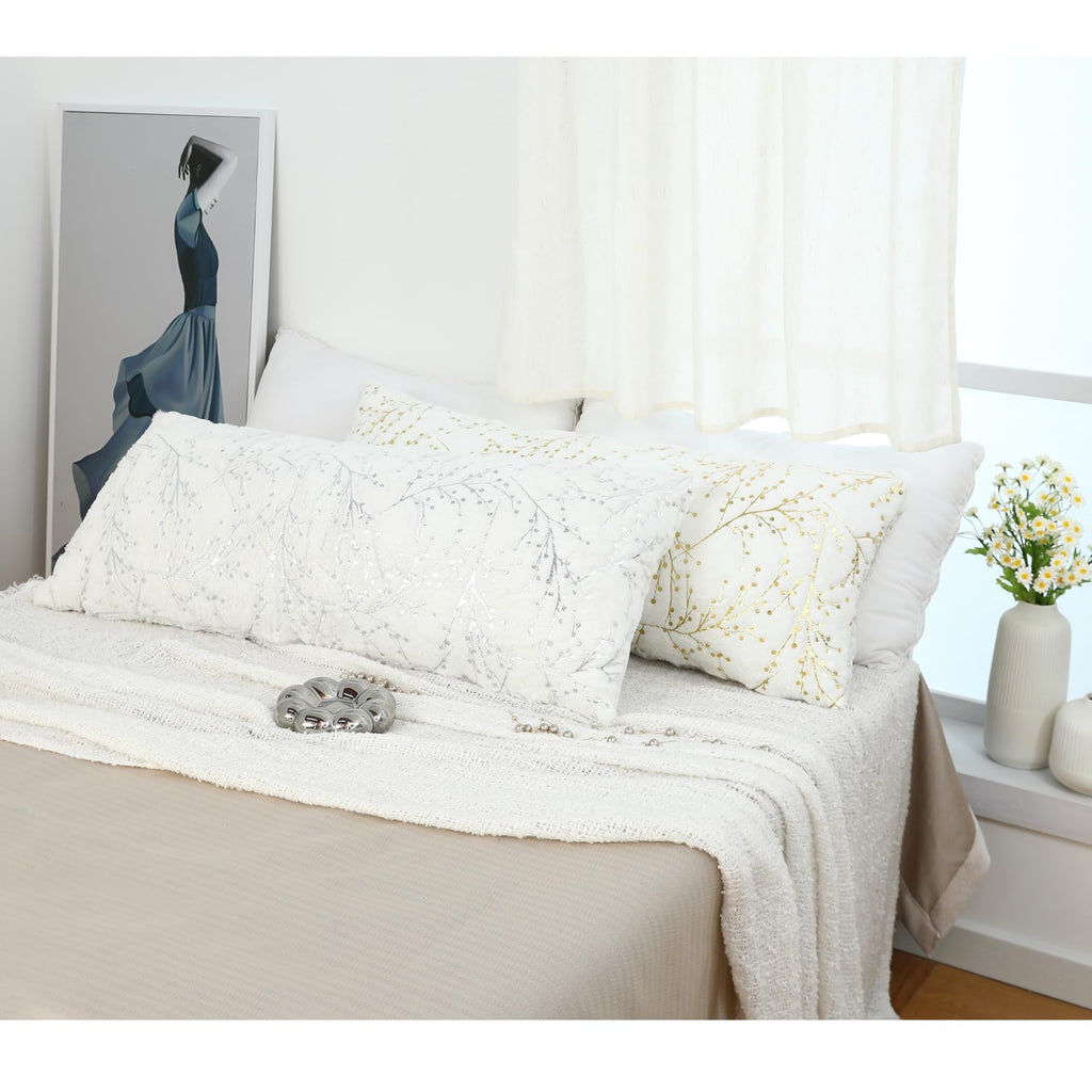 Decorative Long Lumbar Pillow Cover14x36inch Fluffy White Fur Pillow Coves Silver Branches Glitter Throw Pillows Soft