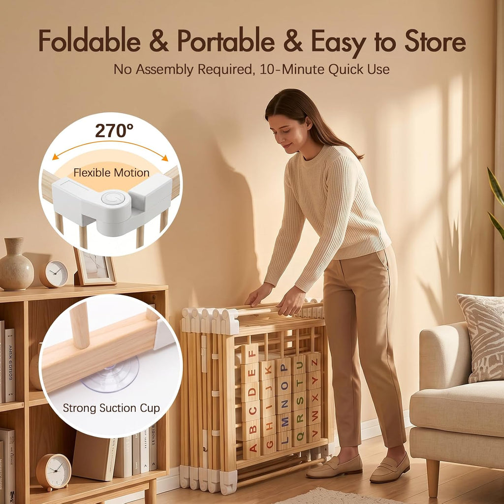Adjustable 10-Panel Wooden Baby Playpen, 82x55x24 in | Natural Wood Play Pen, Foldable Design with Child Safety Lock