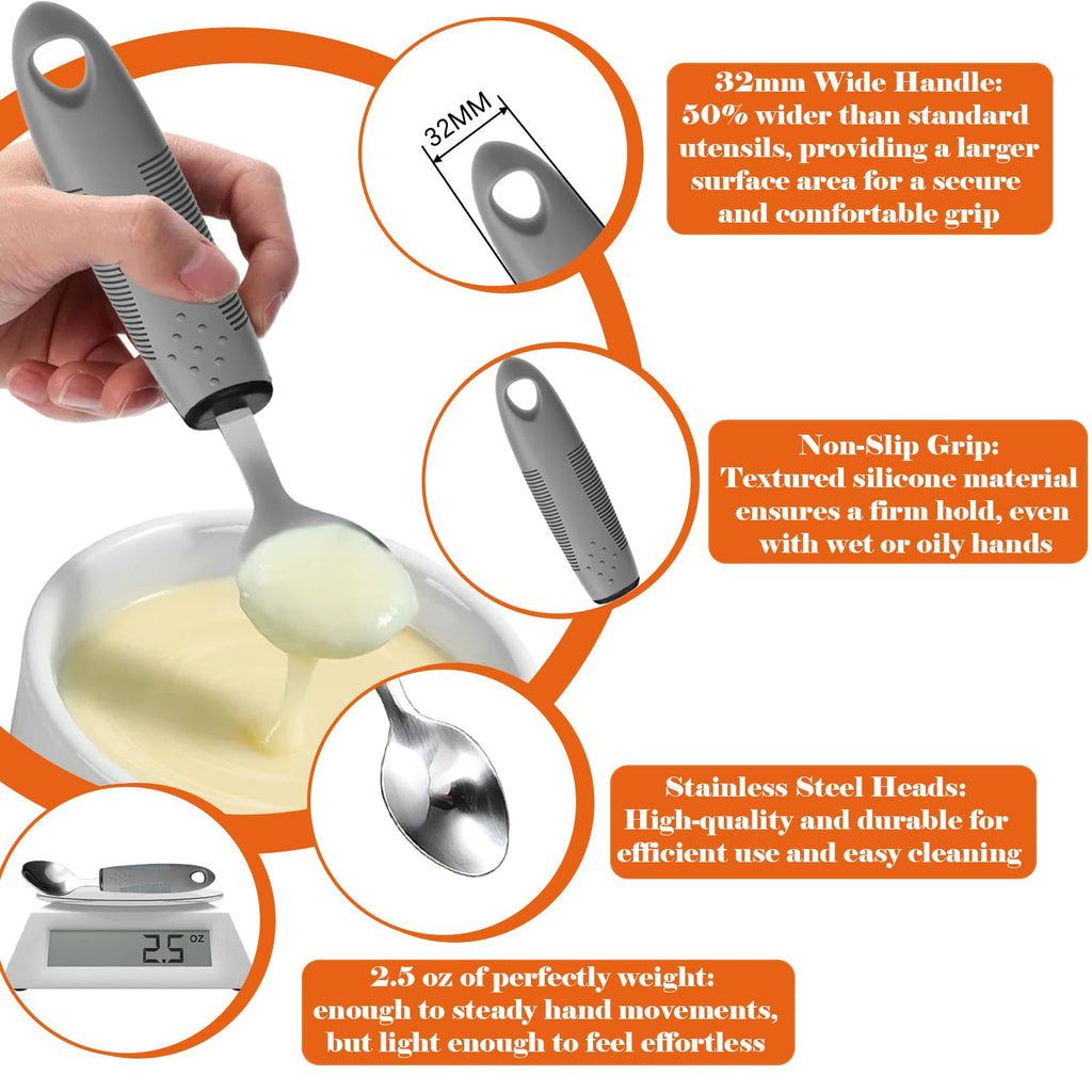 Adaptive Utensils with Adult Bibs - 4pcs Weighted Utensils Set (2.5oz Each) for Hand Tremors, Elderly, Parkinson's