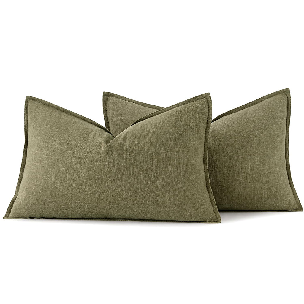 Decorative Linen Lumbar Pillow Covers 12x20 Inch Light Olive Green