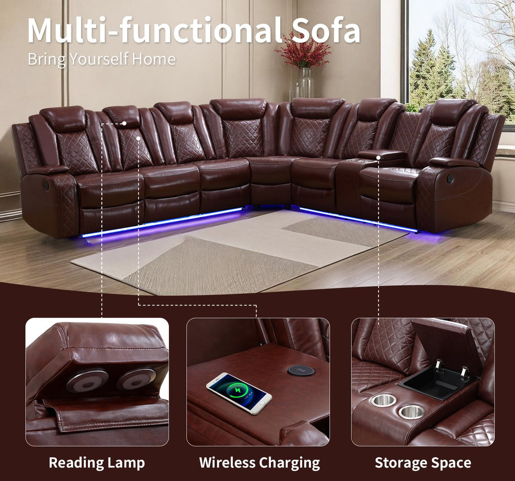 Power Recliner Sofa Sectional Couch with LED Light, Burgundy Leather Reclining Corner Sectional Sofa with 3