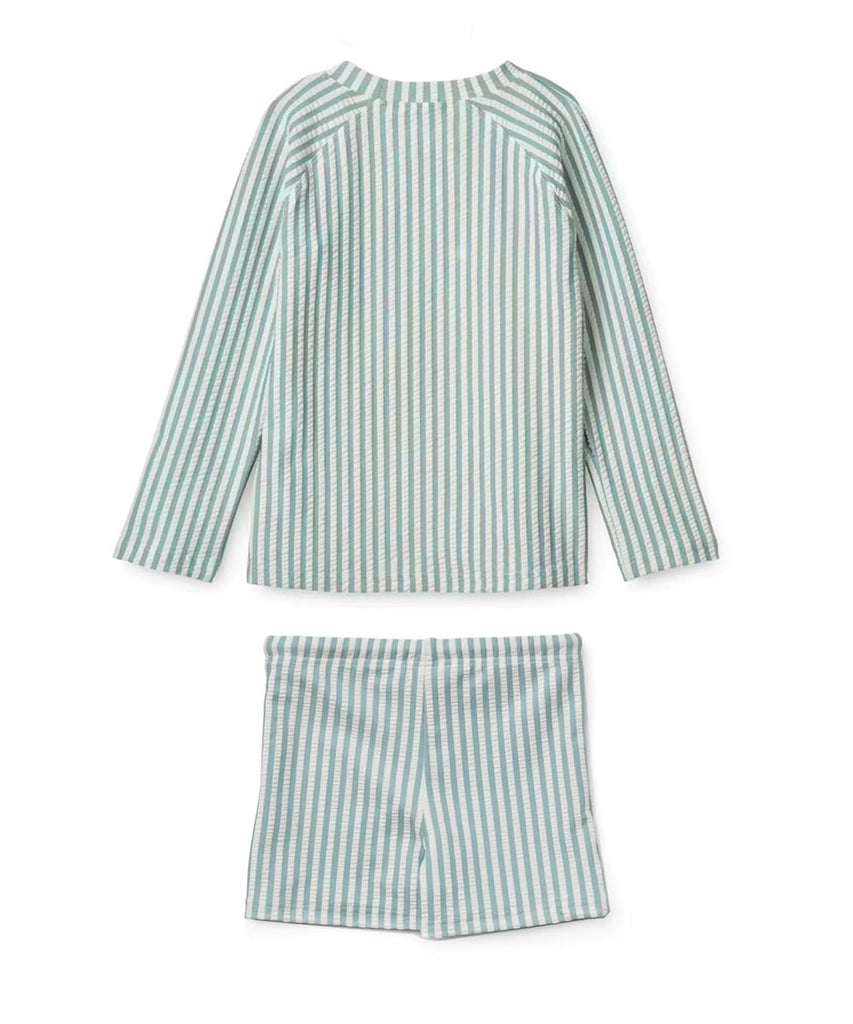 Toddler Boys Two Piece Swimsuit Rash Guard Set Long Sleeve Swim Shirt Swim Trunks& Shorts Blue Seersucker Bathing Suit