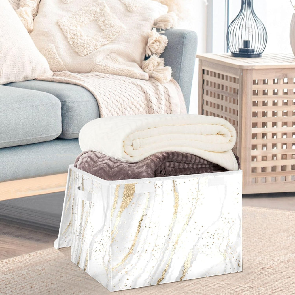 Large Fabric Storage Bins With Lids, Gold White Marble Storage Boxes With Handles for Organizing Clothes, Collapsible