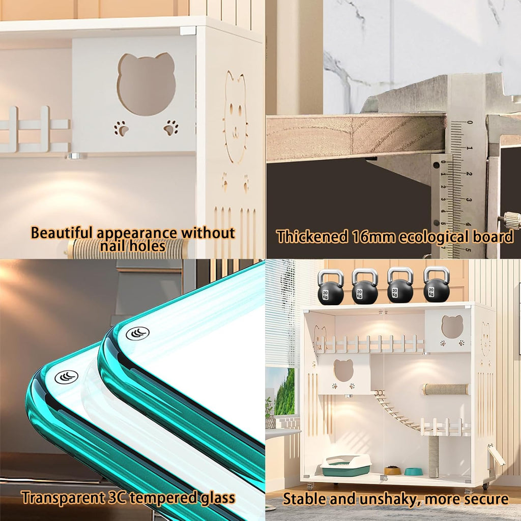 Wooden Enclosed Cat House Large Space, Cat Cage with Wheels, Multi-Feature Cat Enclosures for Indoor Cats