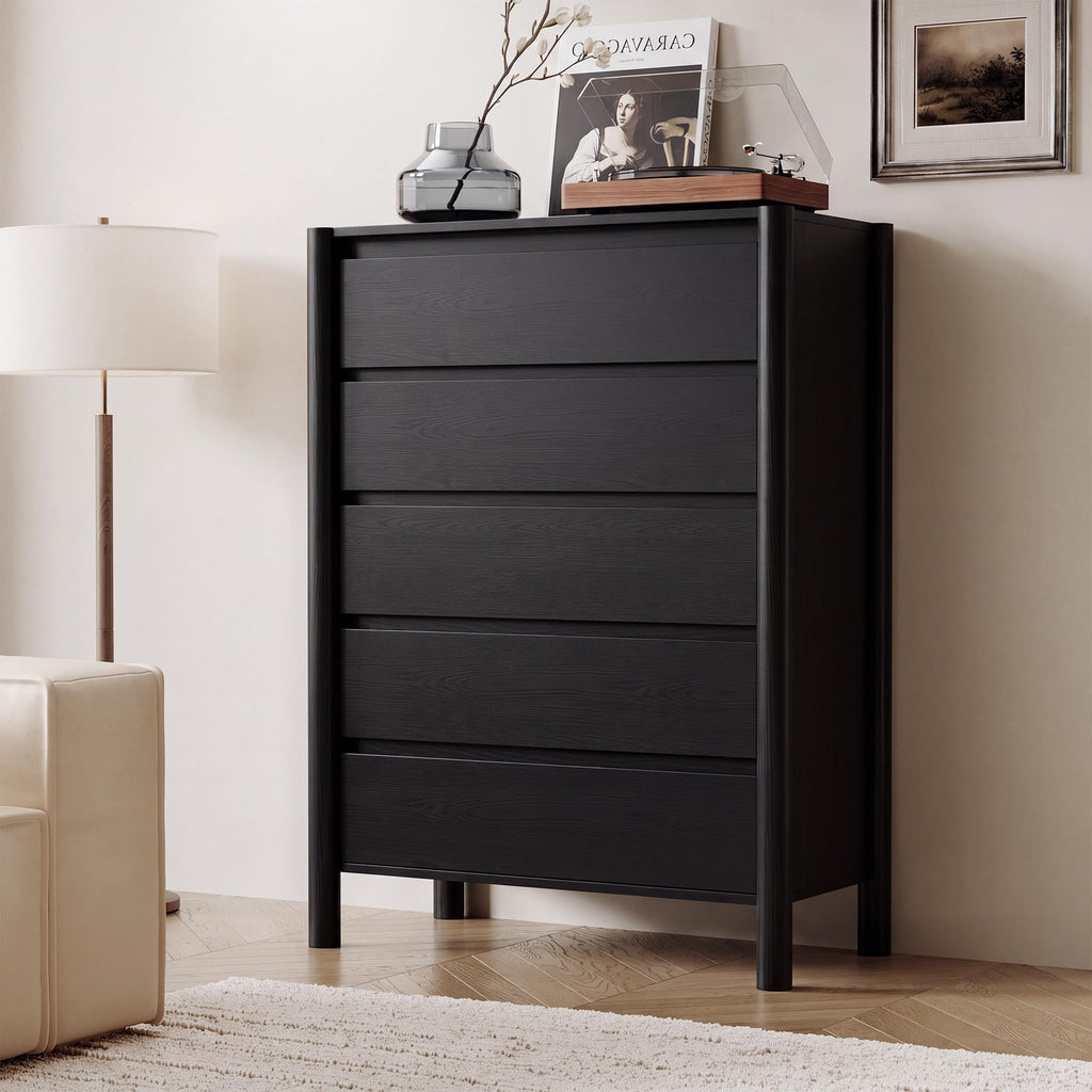 Black Dresser, 45" Tall 5 Drawer Mid Century Modern Chest