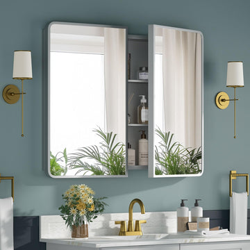 Bathroom Medicine Cabinet with Mirror 24x30Inch, Silver Medicine Cabinet Recessed or Surface Wall-Mounted, Mirrored