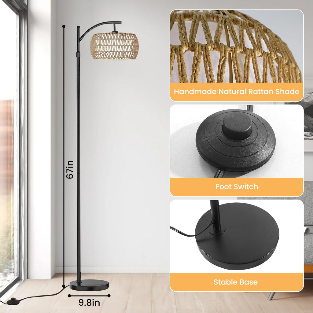 Arc Floor Lamp, Farmhouse Floor Lamps with Remote Control & Dimmable Bulb, Boho Rattan Tall Standing Lamp Office