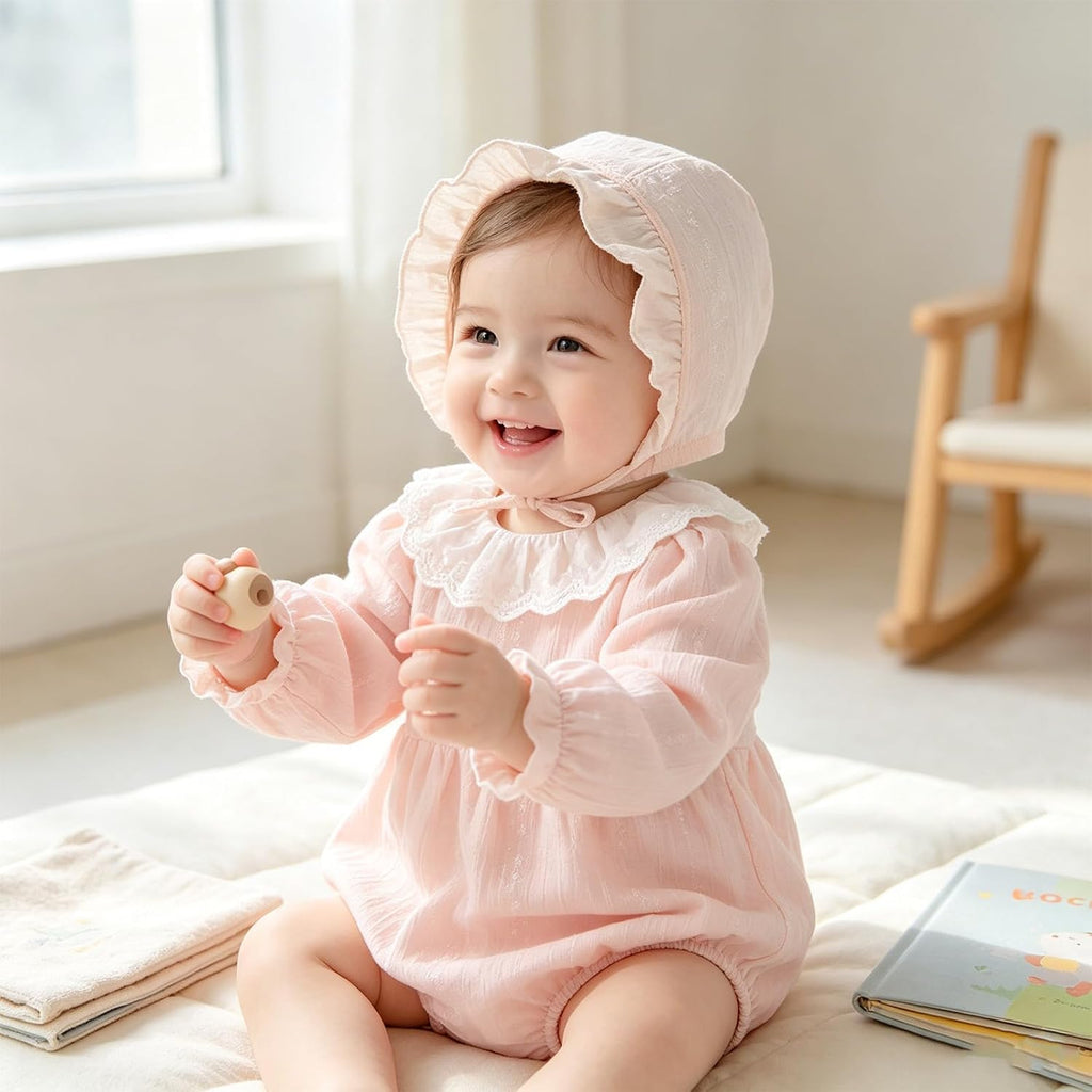 Baby Girl Bubble Romper Ruffle Lace Peter Pan Collar Puff Sleeve Bodysuit with Bonnet Baby Cute Summer Outfits