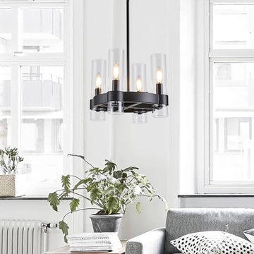 Small Farmhouse 4-Light Black Wagon Wheel Chandelier with Round Glass Shades 12 Inch Industrial Ceiling Light Fixture for Kitchen Island, Hallway, Small Bedroom A115-B0DPMT75S7