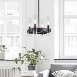 Small Farmhouse 4-Light Black Wagon Wheel Chandelier with Round Glass Shades 12 Inch Industrial Ceiling Light Fixture for Kitchen Island, Hallway, Small Bedroom A115-B0DPMT75S7