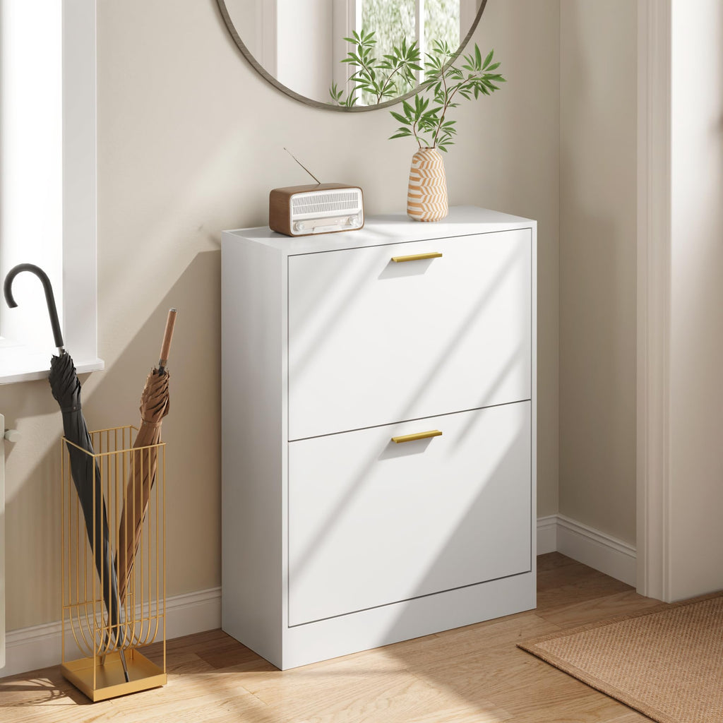 Shoe Cabinet Storage with 2 Flip Drawers and Closed Base, White丨Hidden Shoe Organizer, Freestanding Narrow Shoe