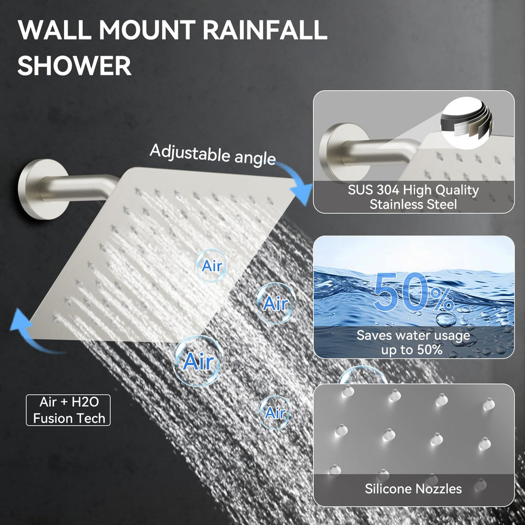 Brushed Nickel Shower System with Jets, 4 Way Shower Faucet Set with 2 in1 Handheld,Ceiling Mount 12"+6" Rain Shower
