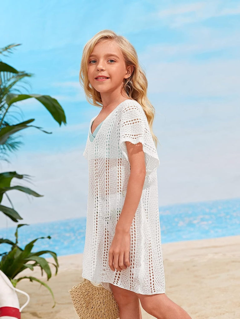Girl's V Neck Crochet Short Sleeve Beach Dress Summer Swimsuit Bikini Cover Up