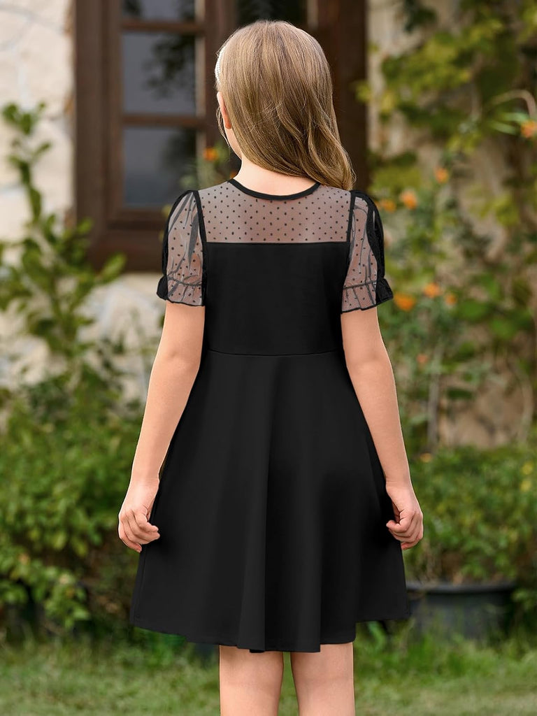 Girls Contrast Mesh Puff Sleeve Dress Kids Casual Party Dress
