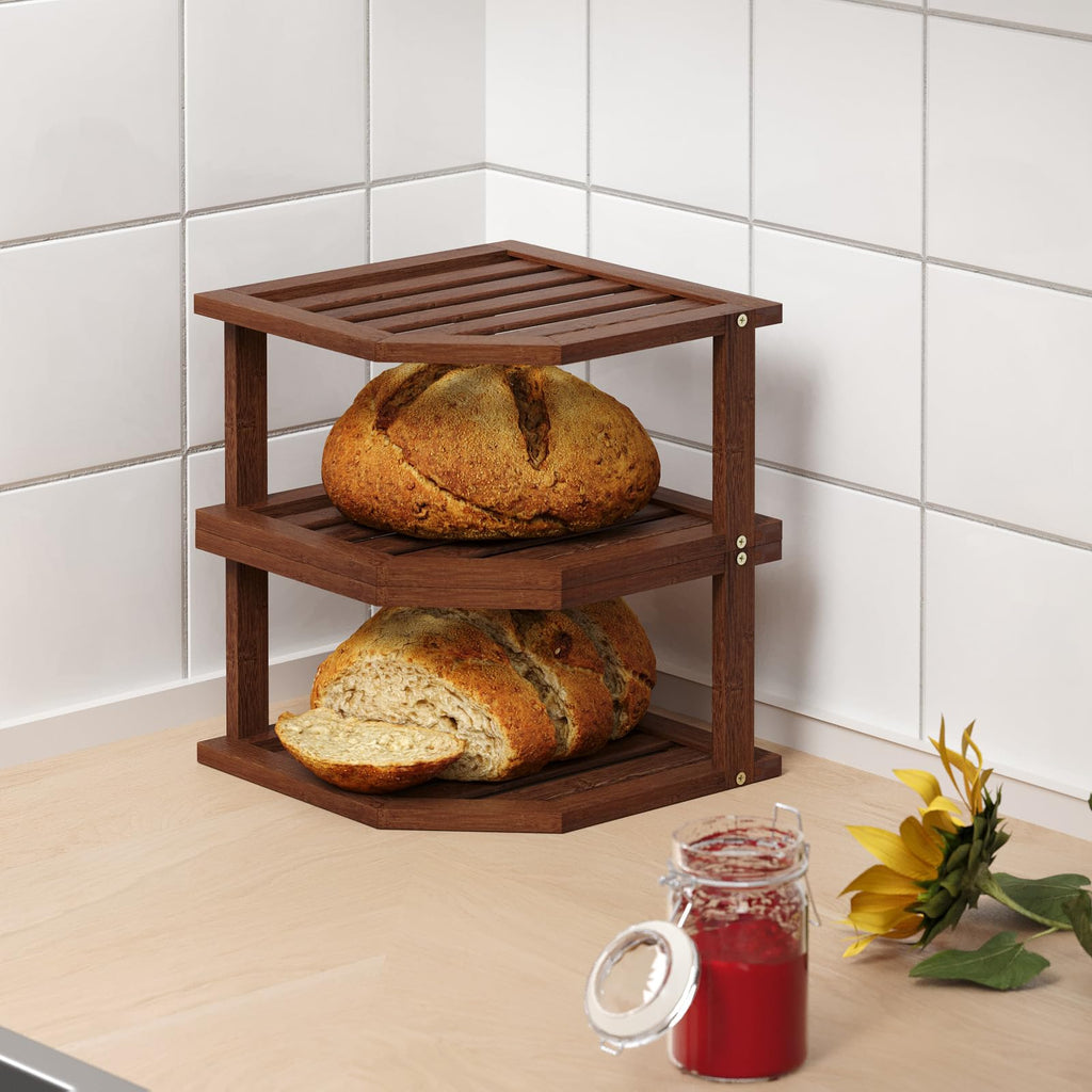 2 Tier Bamboo Corner Shelf 3 Pack Plate Organizer Kitchen(Brown)