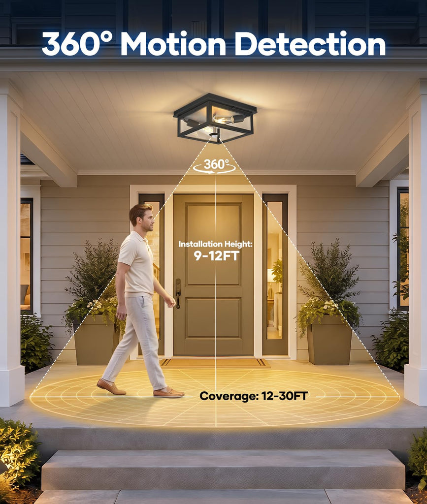 Motion Sensor Outdoor Ceiling Light with Remote, 12.2 Inch Black Flush Mount Porch Light Fixture with United Glass