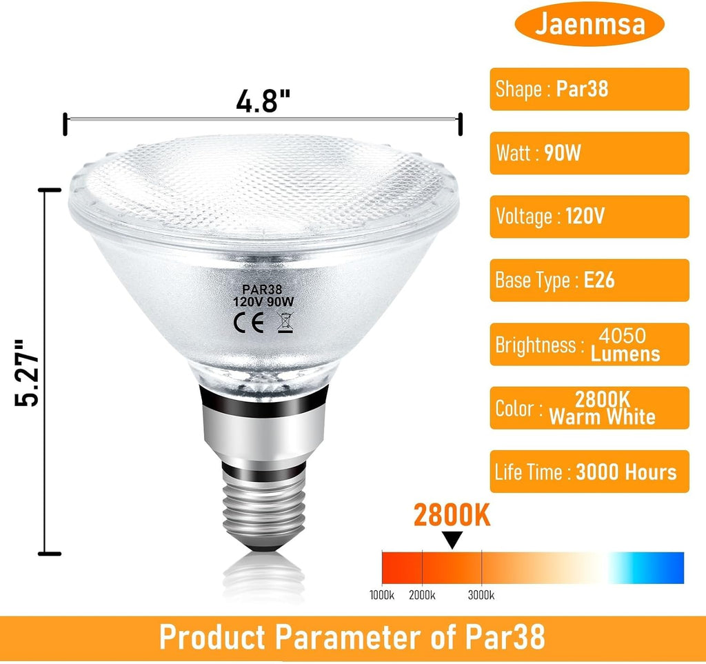 PAR38 Halogen Flood Light Bulbs 90W 120V, 4Pcs Halogen PAR38 90W Light Bulbs Dimmable with E26 Base, 2700K Warm