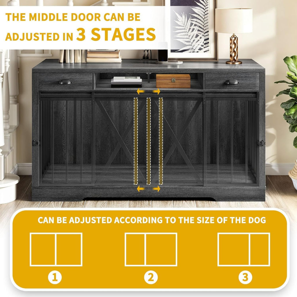 63" Double Dog Crate TV Stand with Charging Station for 2 Dogs