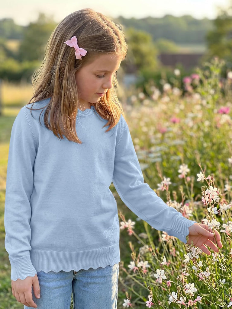 Sweaters Long Sleeve Crewneck Scalloped Trim Sweaters