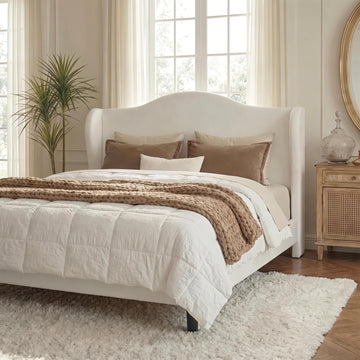 Queen Size Bed Frame, Plush Velvet Wingback, Modern Style, White