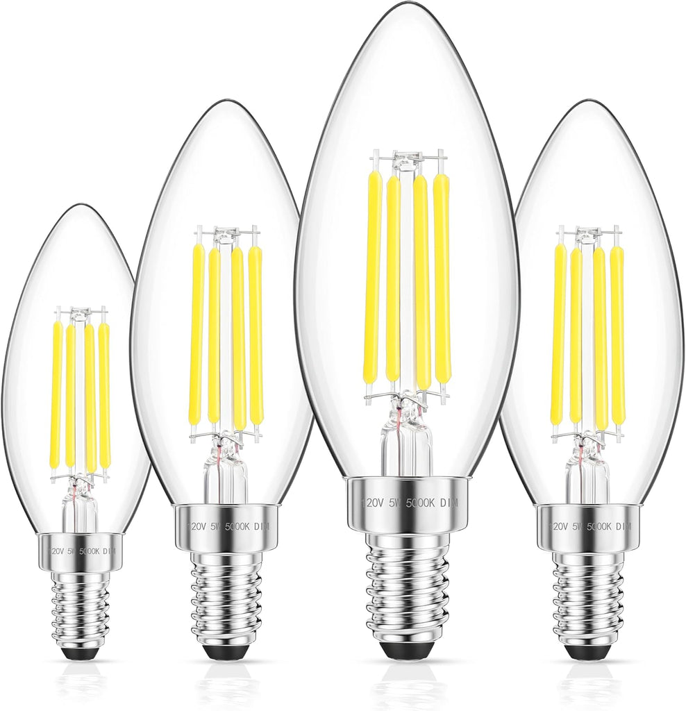 E12 Candelabra LED Bulb 60W Equivalent, 600LM Dimmable Chandelier Light Bulbs, 5000K Daylight White, 85+ CRI Candle