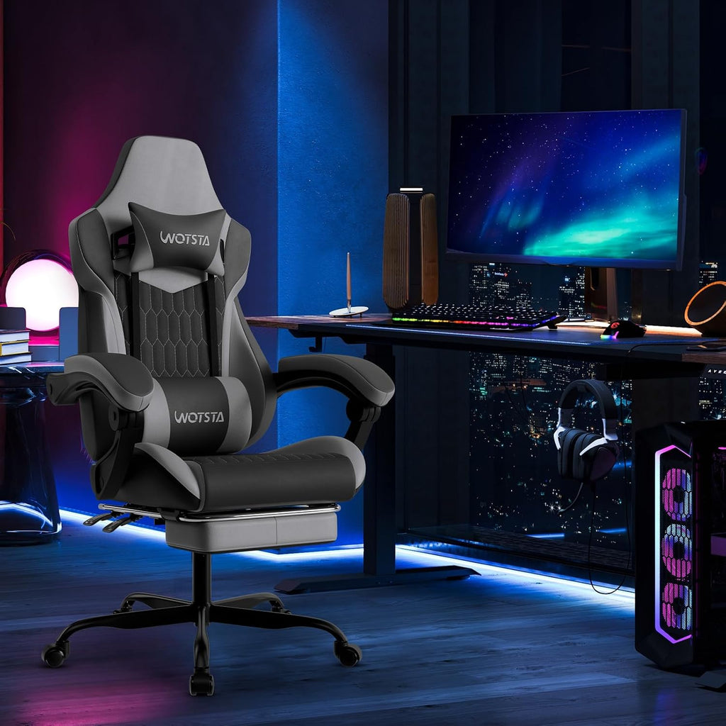 Gaming Chair with Footrest, High Back Gaming Chairs PVC Leather Ergonomic Gamer Chair with Adjustable Headrest Lumbar