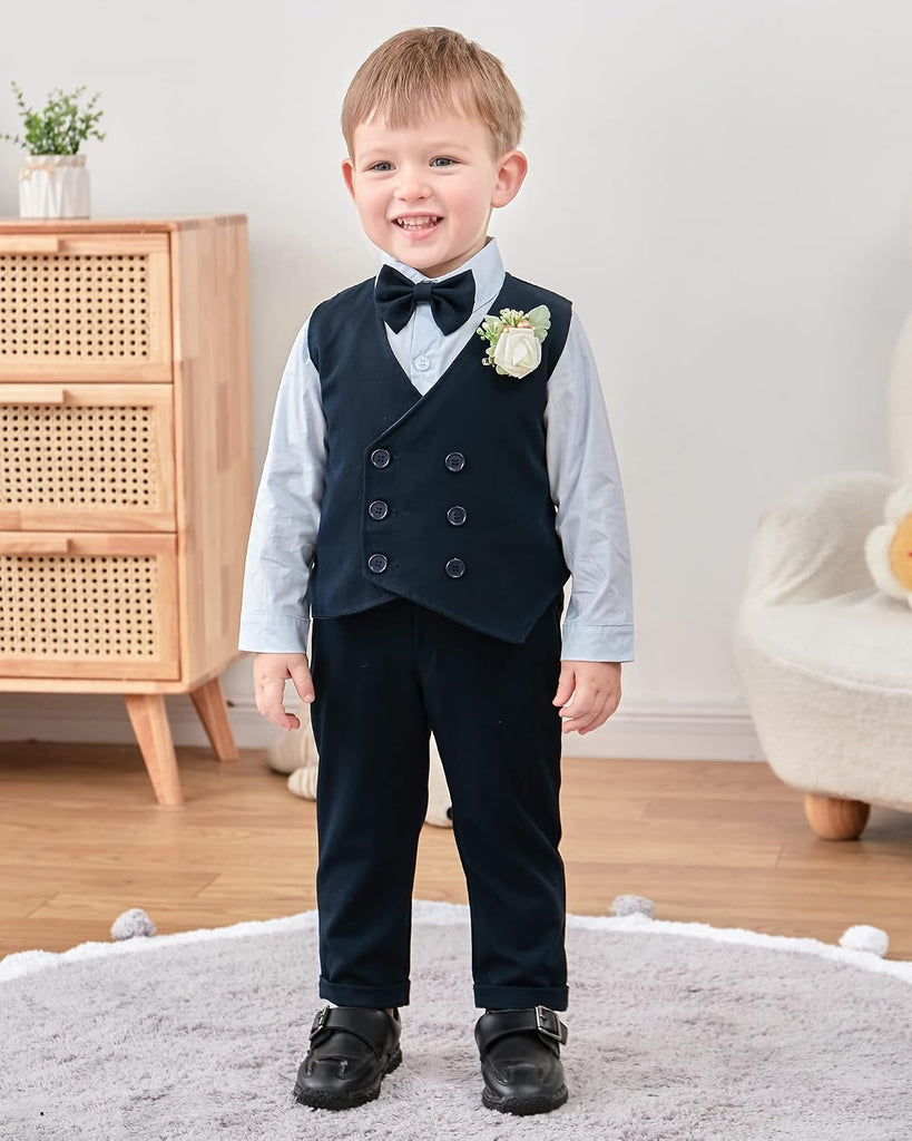 Toddler Baby Boy Clothes Suit Gentleman Wedding Outfits, Formal Dress Shirt+Bowtie+Vest+Boutonniere+Suspender Pants