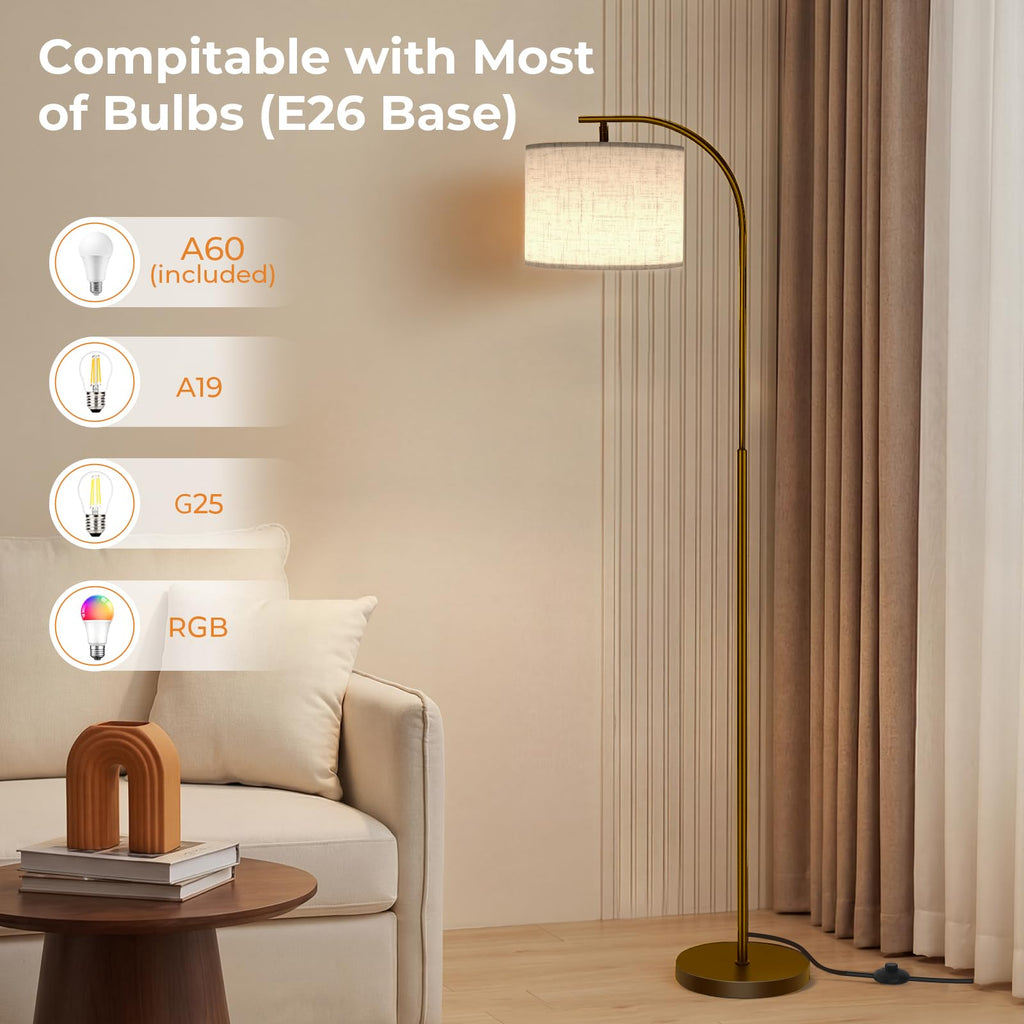 Floor Lamp with Linen Shade, Arc Dimmable Tall Standing Lamp with Remote Control, Modern Floor Reading Light Bedroom
