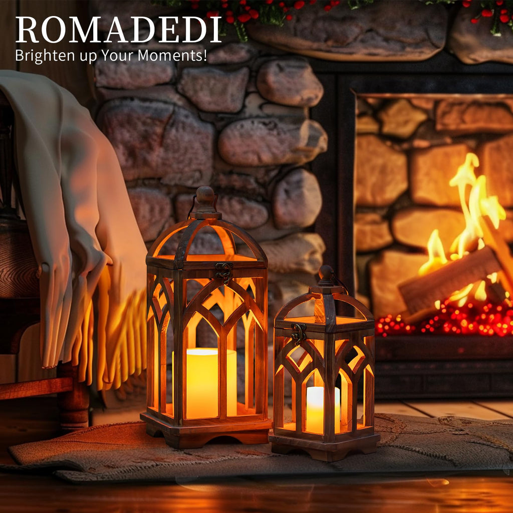 Farmhouse Wood Candle Lantern Decorative 12"/16", Set of 2, Brown