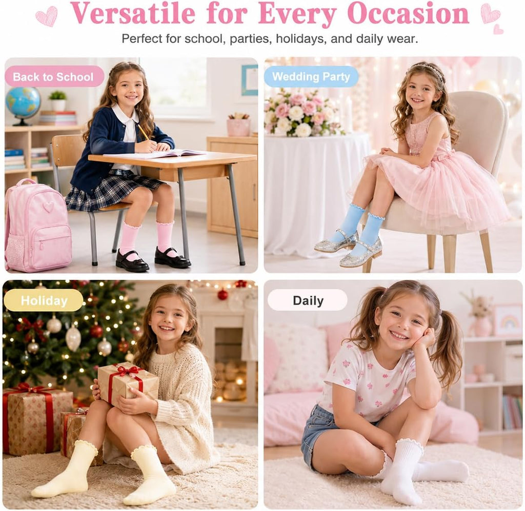 Ruffle Socks for Girls, White Cute Frilly Crew Dress Socks for Kids 6 Pairs