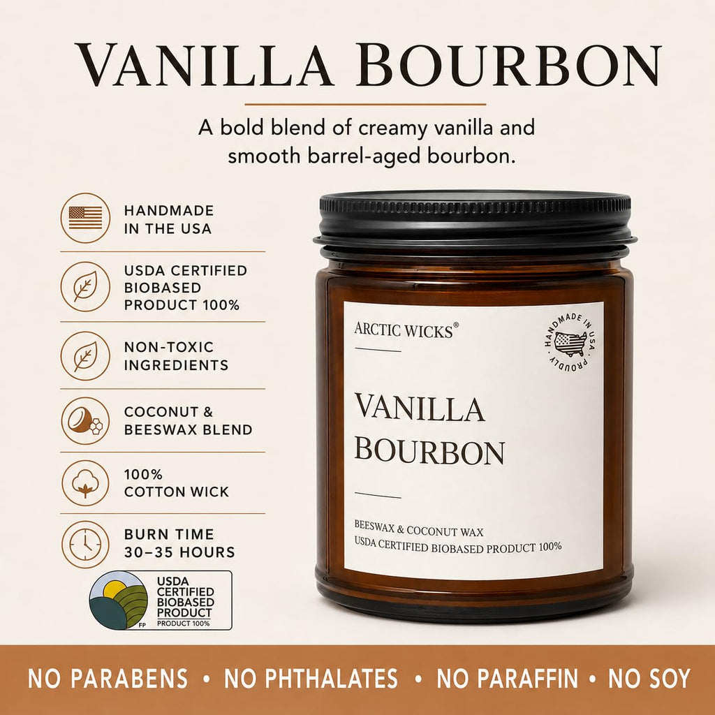 Vanilla Bourbon Candle, 9oz Coconut Beeswax, Non-Toxic
