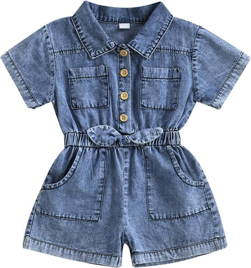 Baby Girl Denim Outfit Button Romper Jean Jumpsuit Shorts Overalls Toddler Cowgirl Outfits Western Infant Clothes