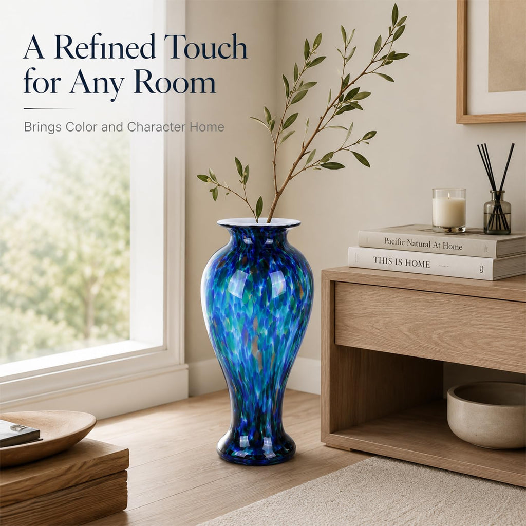 20" Tall Teal Blue Glass Vase Hand Blown Large Floor Glass Vase Home Decor, Pretty Modern Teal Blue Flowers Vases