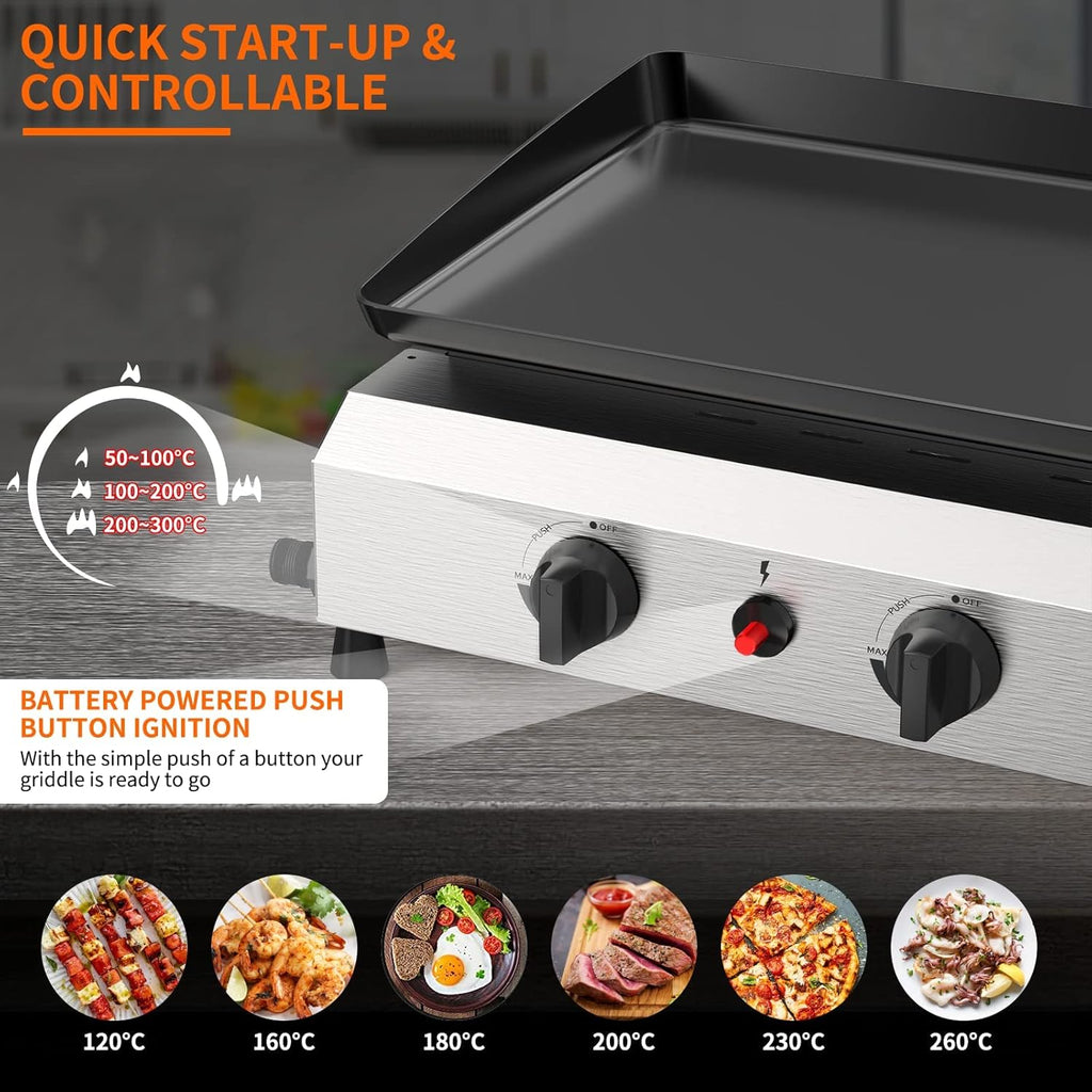 2-Burner Outdoor Propane Gas Griddle, 17-Inch Flat Top Grill, 20,000 BTU Portable Griddle with Side Shelves