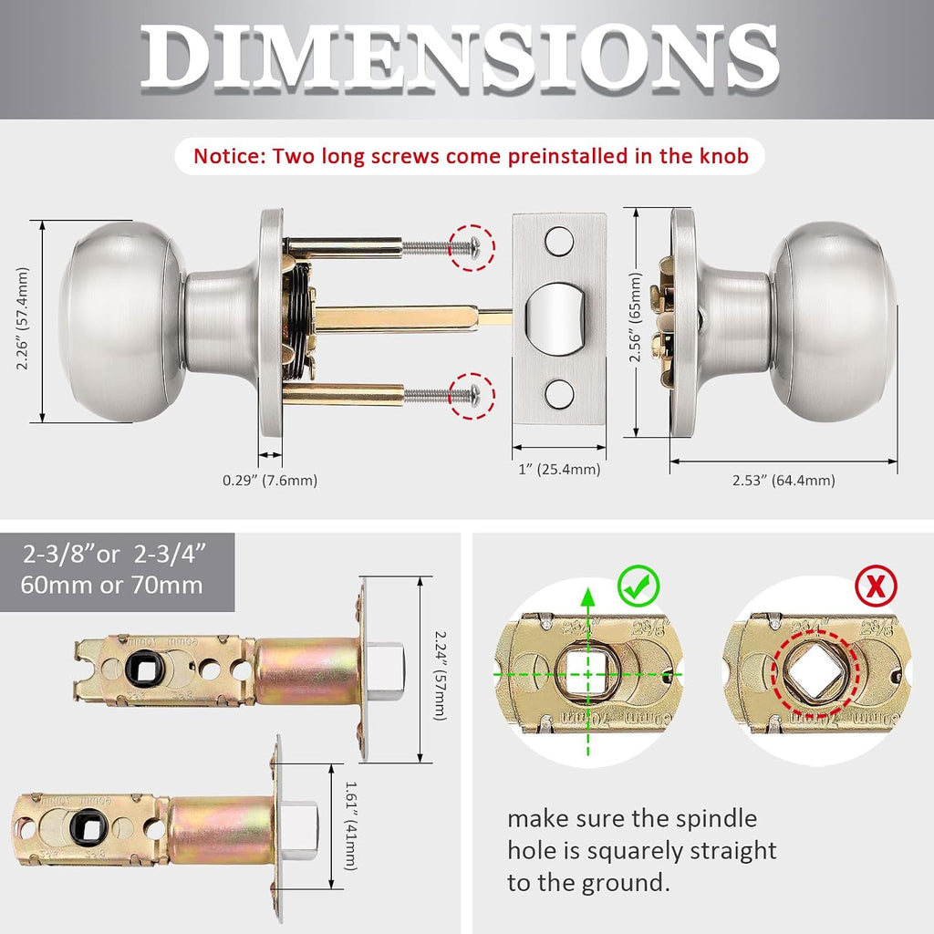 6 Pack Round Passage Door Knob(Non-Locking Knobs), Keyless Doorknobs Interior/Exterior Door Lockset,Passage Knobs