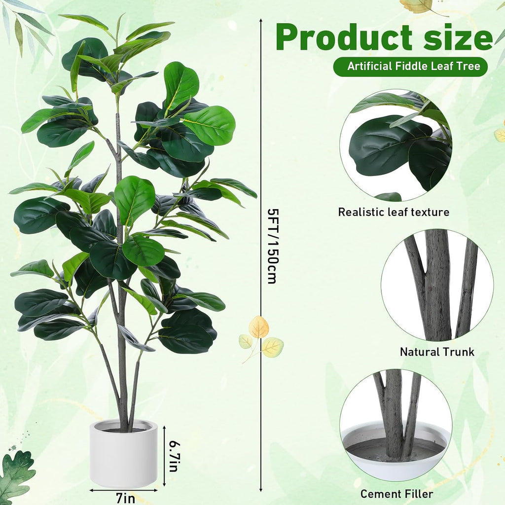 Artificial Fiddle Leaf Fig Tree 5ft Tall Artificial Plants Indoor Fake Ficus Lyrata with White Planter Faux - Set of 2
