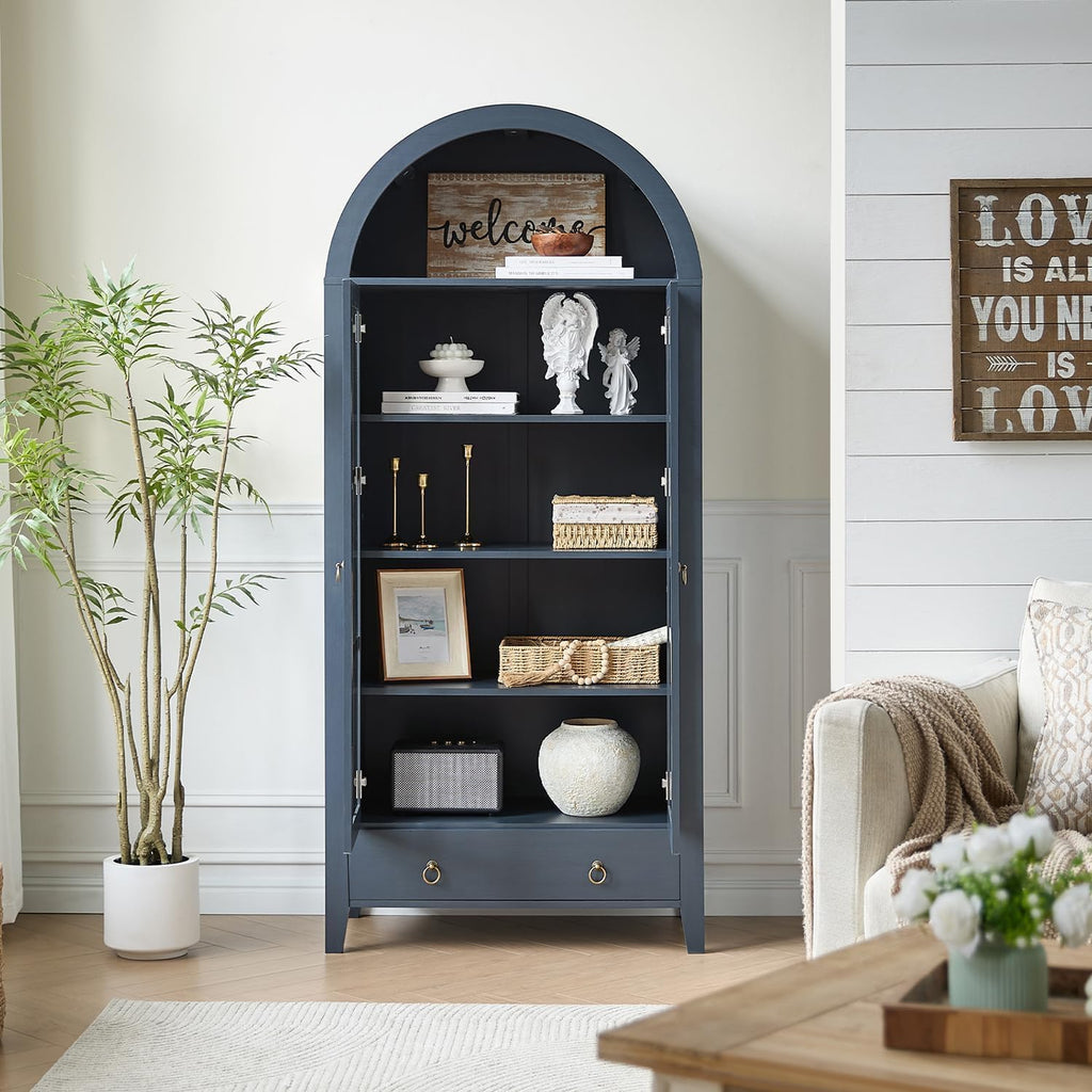 71" Tall Arched Cabinet Bookshelf with Glass Door & Storage Drawer | Modern Farmhouse Display Cabinet,Adjustable