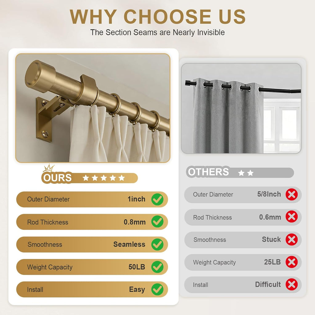 Warm Gold Brass Curtain Rod, 1" Diameter Heavy Duty Window Rod with Solid Aluminum Finials