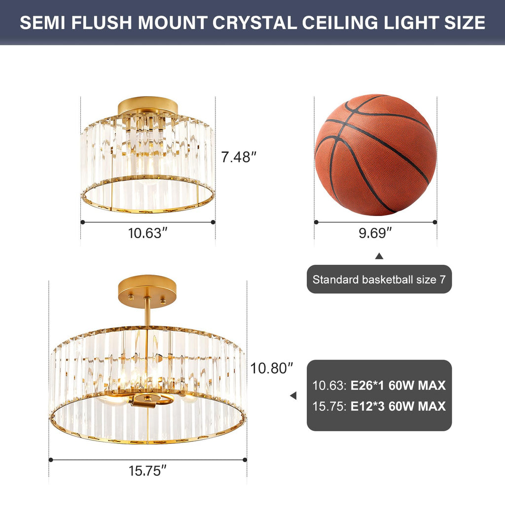 Crystal Gold Semi Flush Ceiling Light 10.63 Inch
