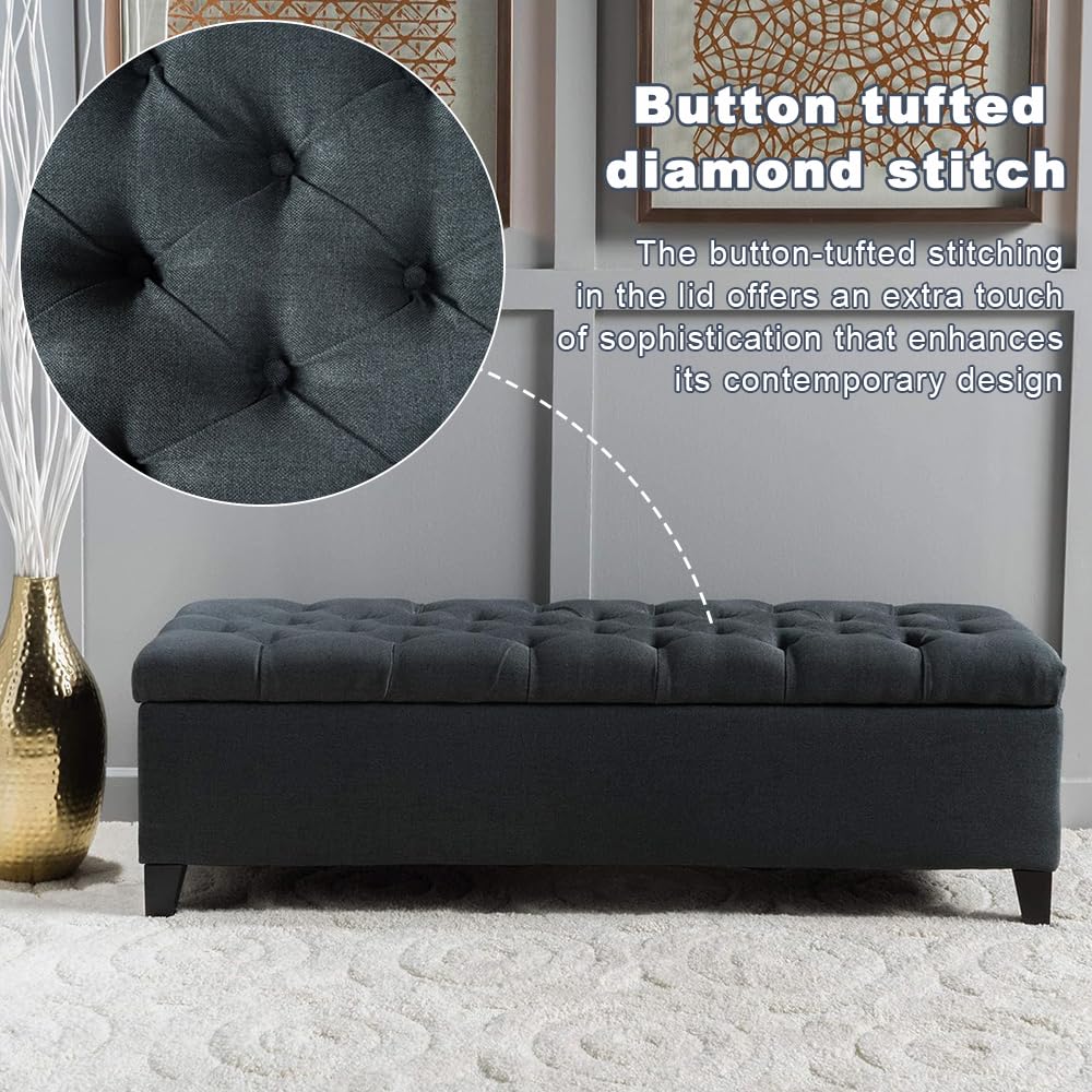 Storage Ottoman Bench End of Bed, Gray Ottoman with Pressure Hinges, Benchs Seating with Storage, Button Tufted Bench