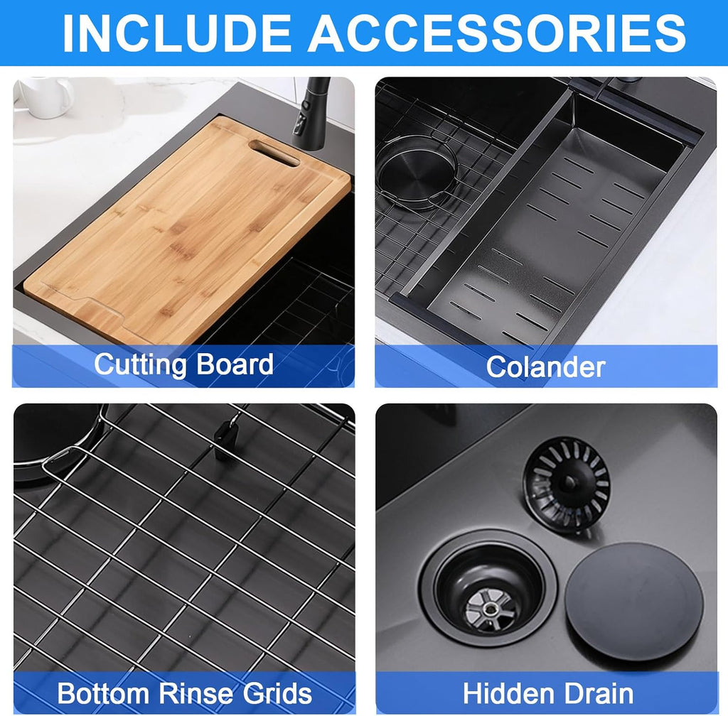 33x22 Drop Sinks Black, Gunmetal Black Stainless Steel Workstation 16Guage Topmount Single Bowl 9 Inch Deep Sink with